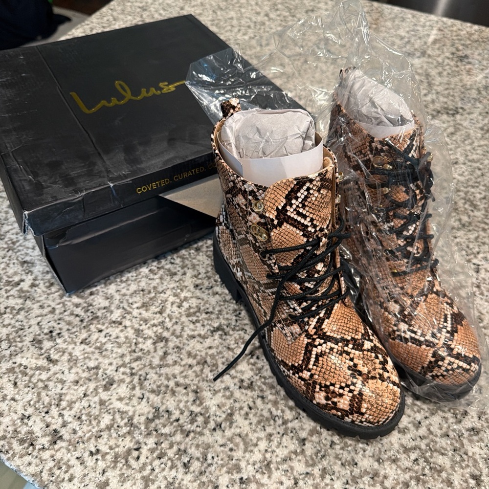 Lulu's Brown Snake Print Combat Boots